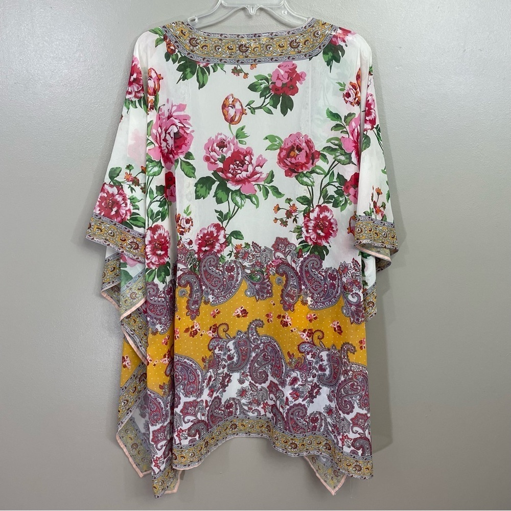 Umgee women’s size Small Medium Pink yellow Floral Kimono Sheer Shrug Boxy - Picture 4 of 7